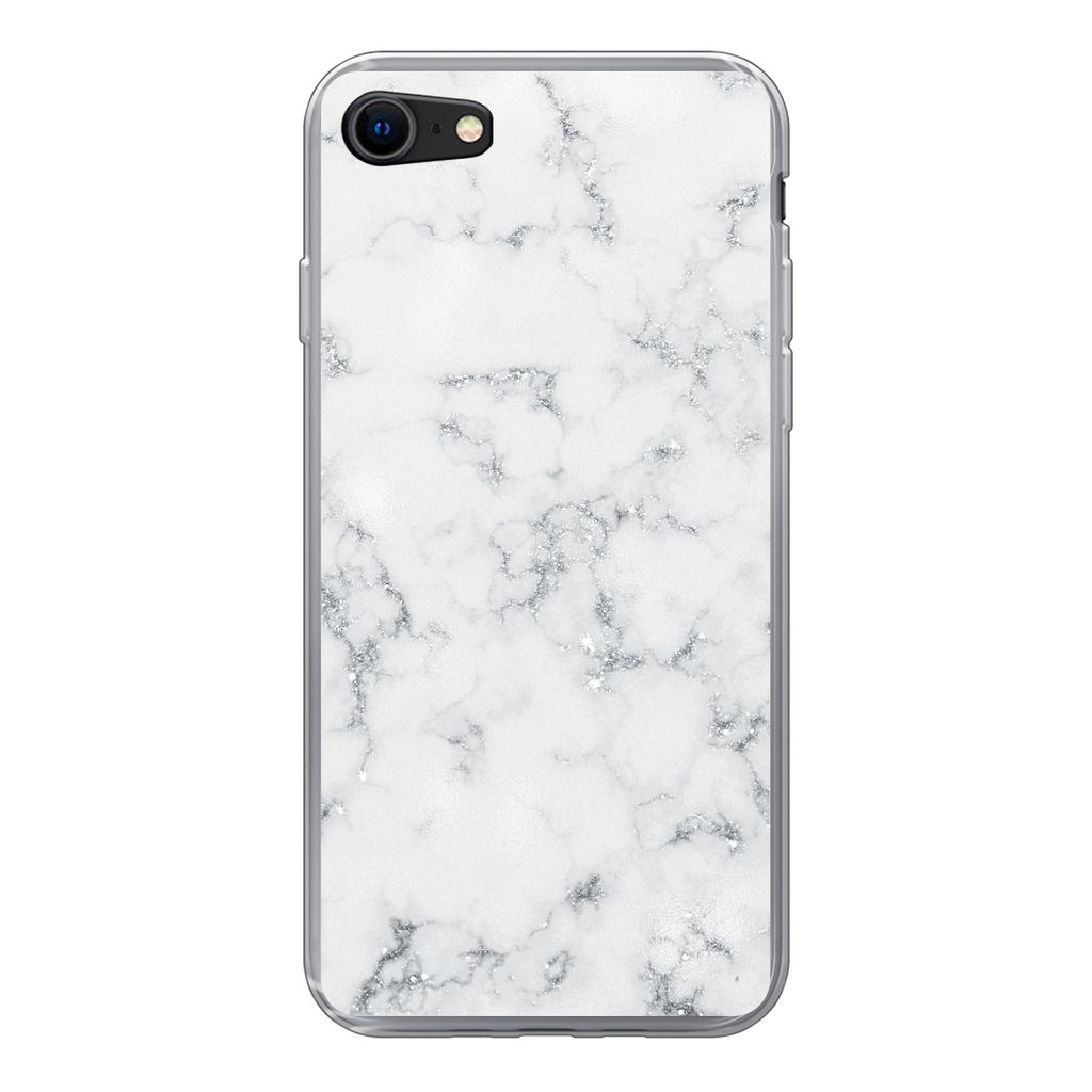 MuchoWow Handyhülle Schutzhülle Hülle für iPhone SE 2022 Marmor - Weiß - Silber - Glitter - Marmoroptik - Chic Silikon Softcase Handy Hülle...