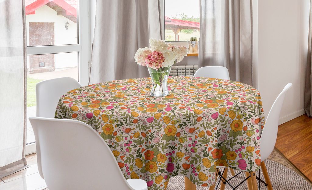 ABAKUHAUS Blumen Runde Tischdecke, Frühlings-Thema Blumen Vögel, Kreis Tischdecke Abdeckung für Esszimmer Küche Dekoration, 150 cm, Aprikose Mu...