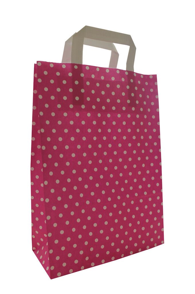 Papiertragetaschen "PUNKTE", 80 g/qm, 22 + 10 x 31 cm, pink mit weißen Punkten, 10 Stück