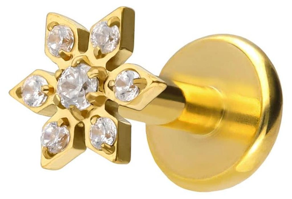 Ohrpiercing, Nasenpiercing Titan Labret mit Push Fit KRISTALLBLUME Gold Stablänge: 5mm | Stabstärke: 1,2mm
