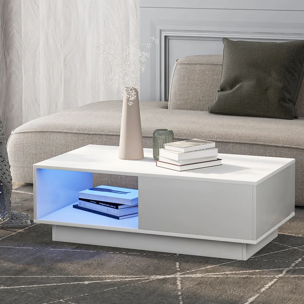 Table Basse Blanche Laquée avec LED et Rangement pour Salon Moderne Chic