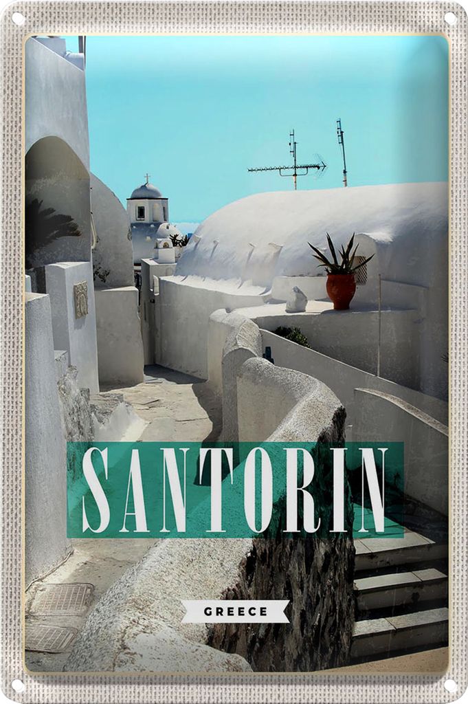 Blechschild Reise 18x12cm Santorini Stadt weiße Gebäude Treppen