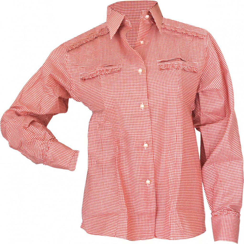 Bayerische Langarm Trachtenbluse in 5 Farben – Rüschen und Perlenknopf, Farbe:Rot, Größe:44/2XL