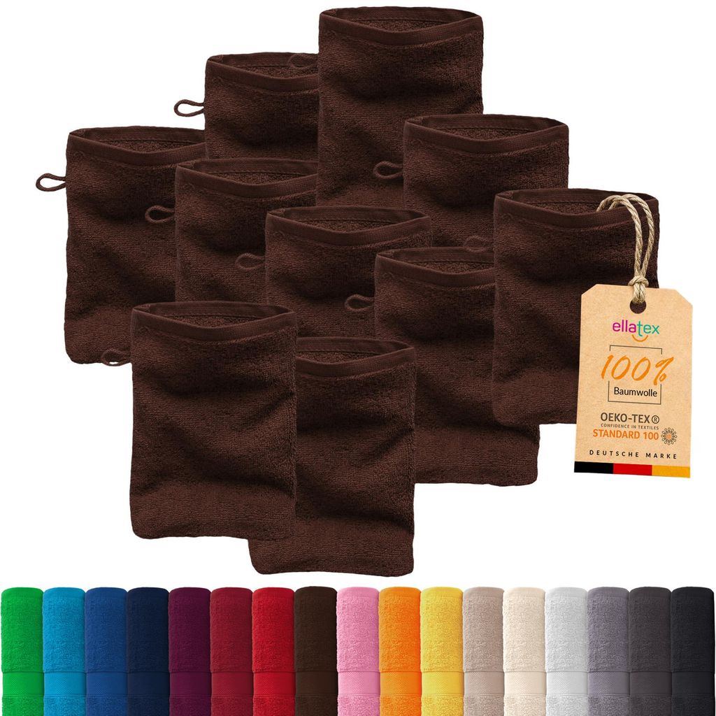 10er Pack EllaTex Waschhandschuhe 15x21 cm 100% Baumwolle, 500 g/m² Handtücher Set weich saugstark Serie Paris, in Farbe: Chocolate