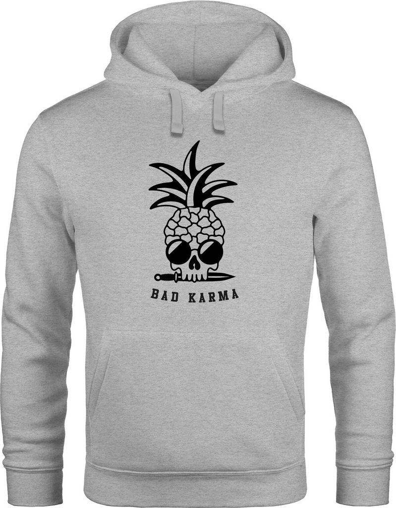 Hoodie Herren Totenkopf Ananas Schriftzug Bad Karma Kapuzen-Pullover Männer Fashion Streetstyle Neverless grau L