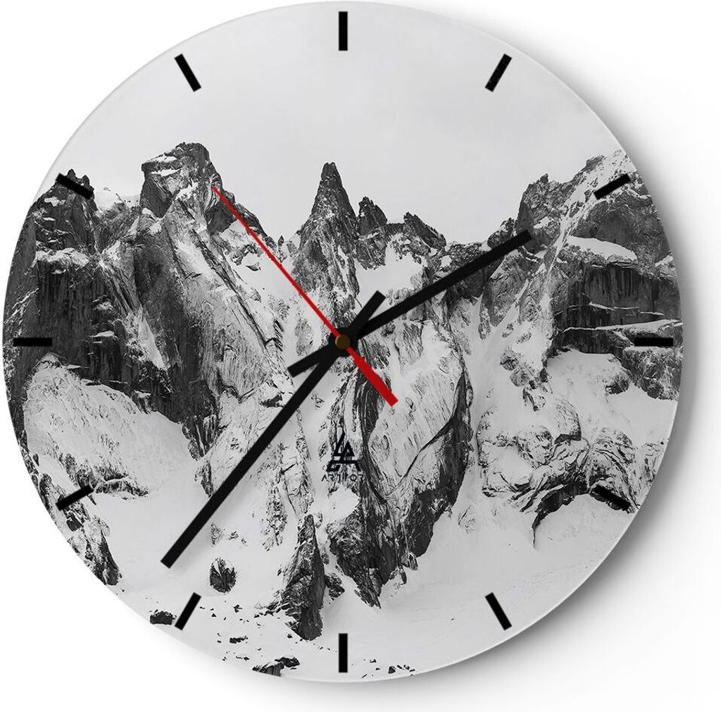 Wanduhr - Rund - Glasuhr - Alpen Schnee Monochrom - 30x30cm - Schleichendes Uhrwerk - Lautlos - zum Aufhängen bereit - Dekoration Modern - Wanddek...