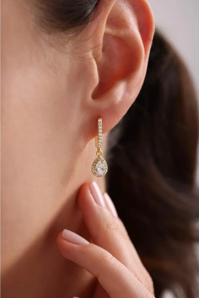 Boucles d'oreilles mariage en argent 925 doré et goutte de zircone - 2