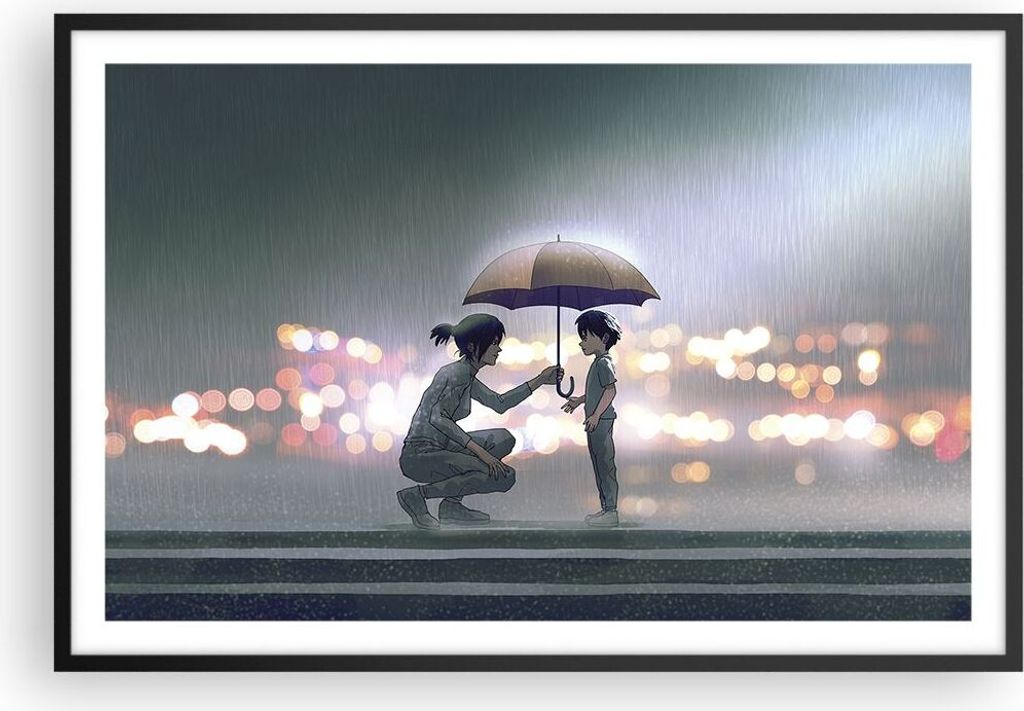 Gerahmtes Poster - Schwarzer Rahmen - Manga Regenschirm Hilfe - 91,5x61 cm - Wand Bild - Wanddeko - Wandbilder - Kunstposter - Wandposter - Bilderr...