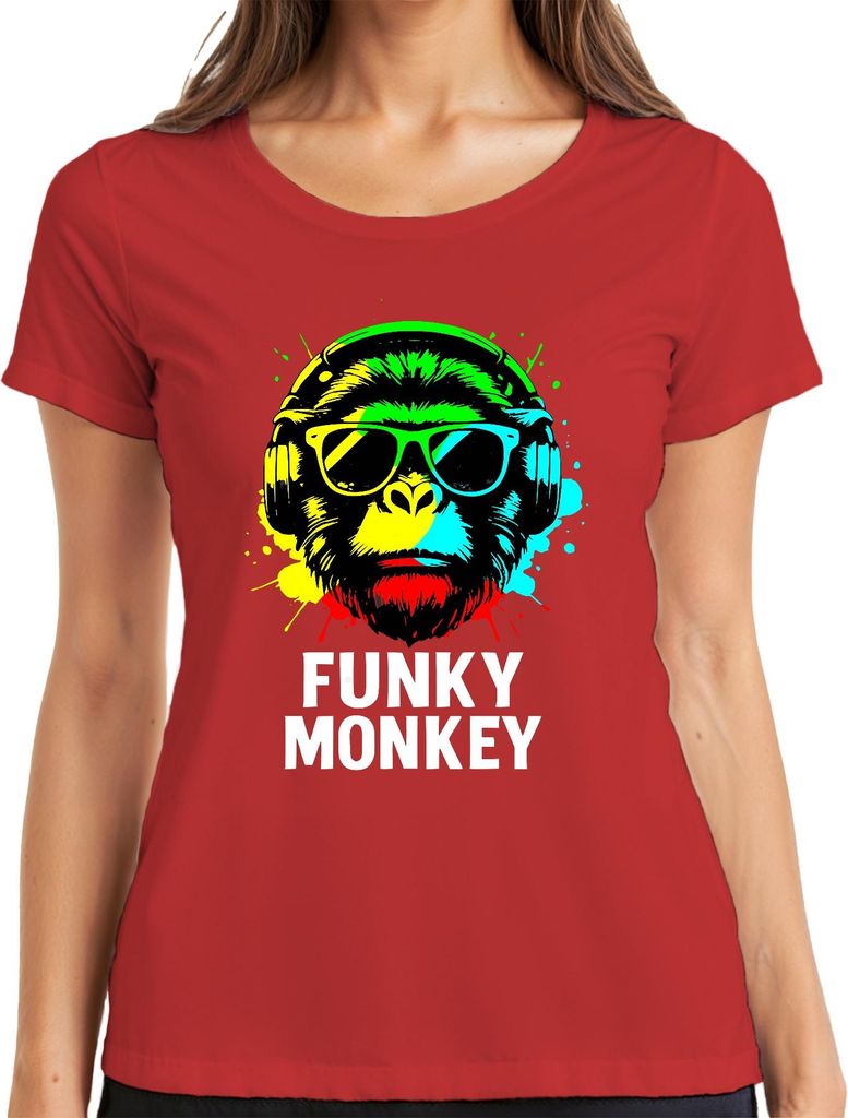 Funky Affe Kopfhörer Sonnenbrille Musik DJ Retro Bunt Streetwear Damen T-Shirt, Rot, XXL