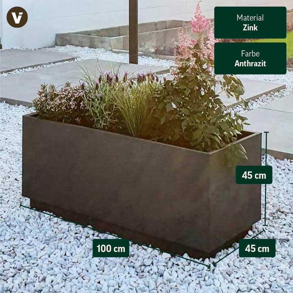 Jardinière En Zinc Anthracite VIVANNO - Bac à Plantes Grand Format 100x45x45 Cm