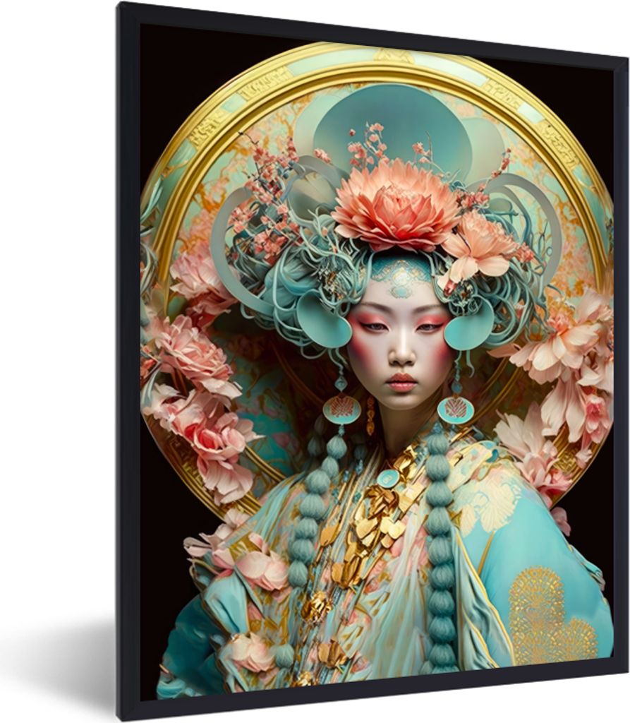 MuchoWow Gerahmtes Poster Frau - Blumen - Rosa - Porträt - Asiatisch 30x40 cm - Poster mit Schwarzem Bilderrahmen Wandposter Rahmen Foto Bilder ...