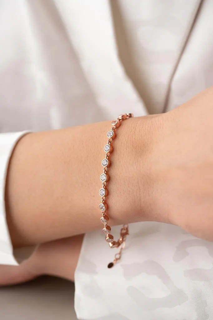 Bracelet chaîne en argent doré rose et zirconium rond, Bijou chic femme