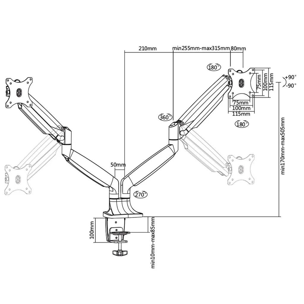 Support double écran pour bureau bras articulé gaz VALUE noir 32" - 2