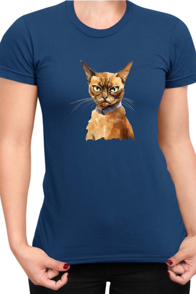Damen T-Shirt Funny Cats Breeds Burmese Cat 020, Lady M / Dunkelblau