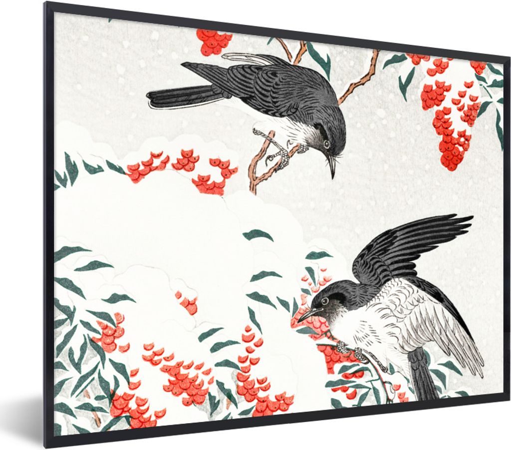 MuchoWow Gerahmtes Poster Beere - Vögel - Japan - Schwalbe 40x30 cm - Poster mit Schwarzem Bilderrahmen Wandposter Rahmen Foto Bilder - Kunstpos...