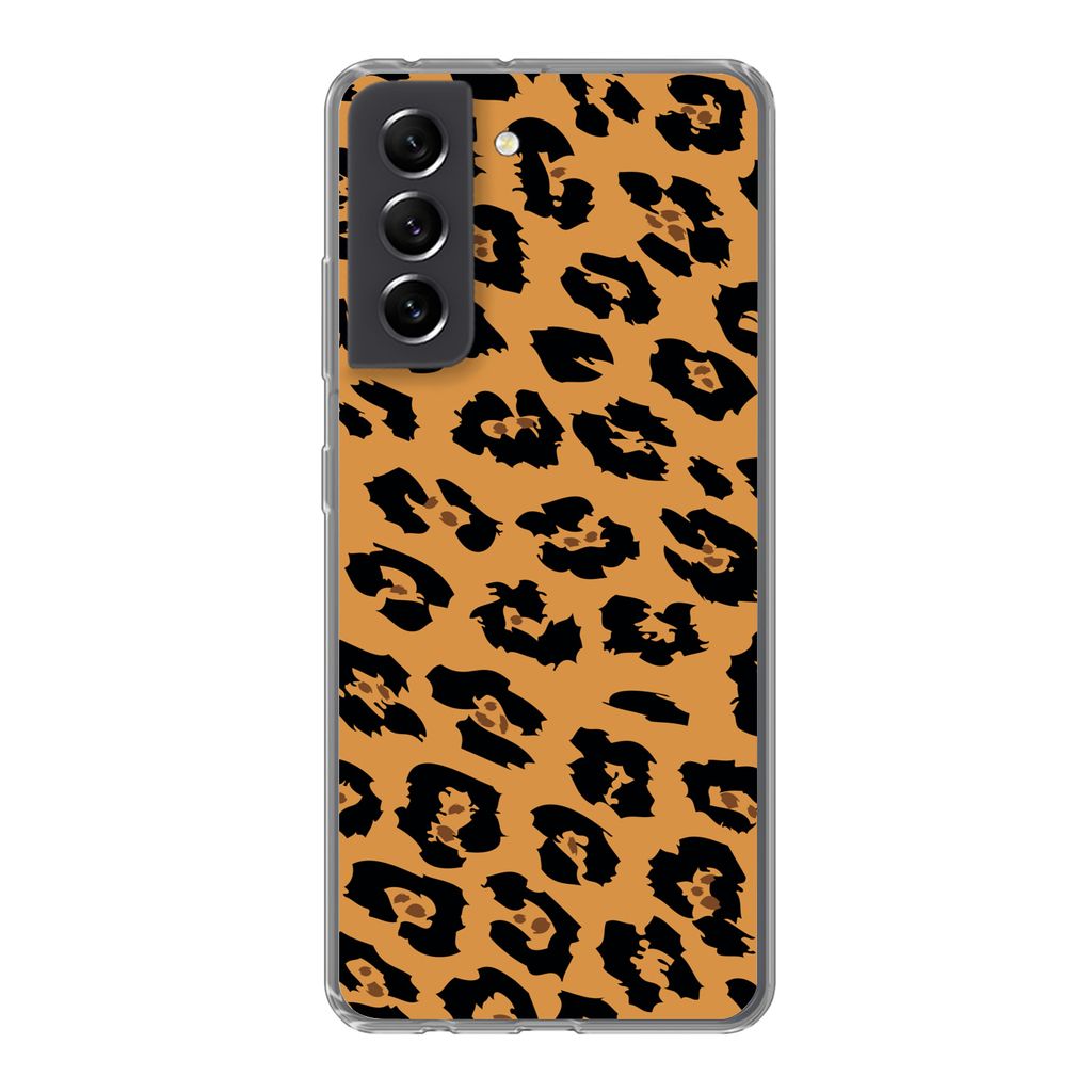 MuchoWow Handyhülle Schutzhülle Hülle für Samsung Galaxy S21 FE Pantherdruck - Orange - Schwarz Silikon Softcase Handy Hülle - Mobiltelefonh...