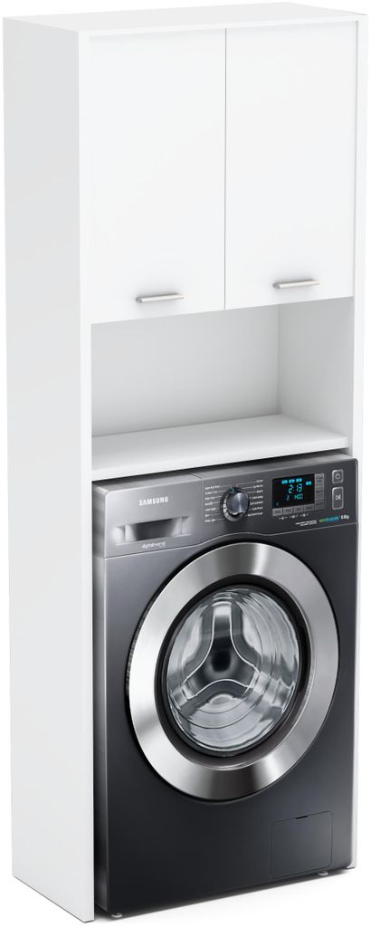 A white cabinet with two doors sits above a washing machine.
