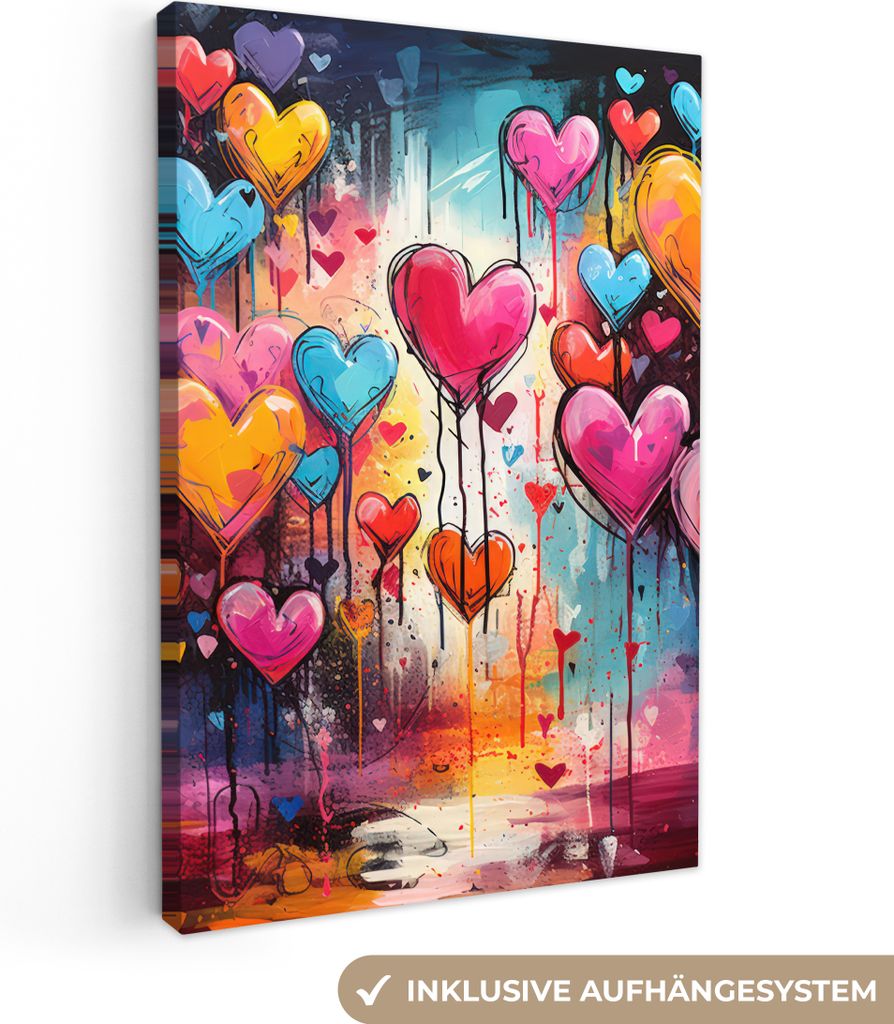 Leinwandbilder 60x90 cm - Graffiti - Herzen - Farben - Kunst - Liebe, Bilder Wohnzimmer Modern, Wanddeko