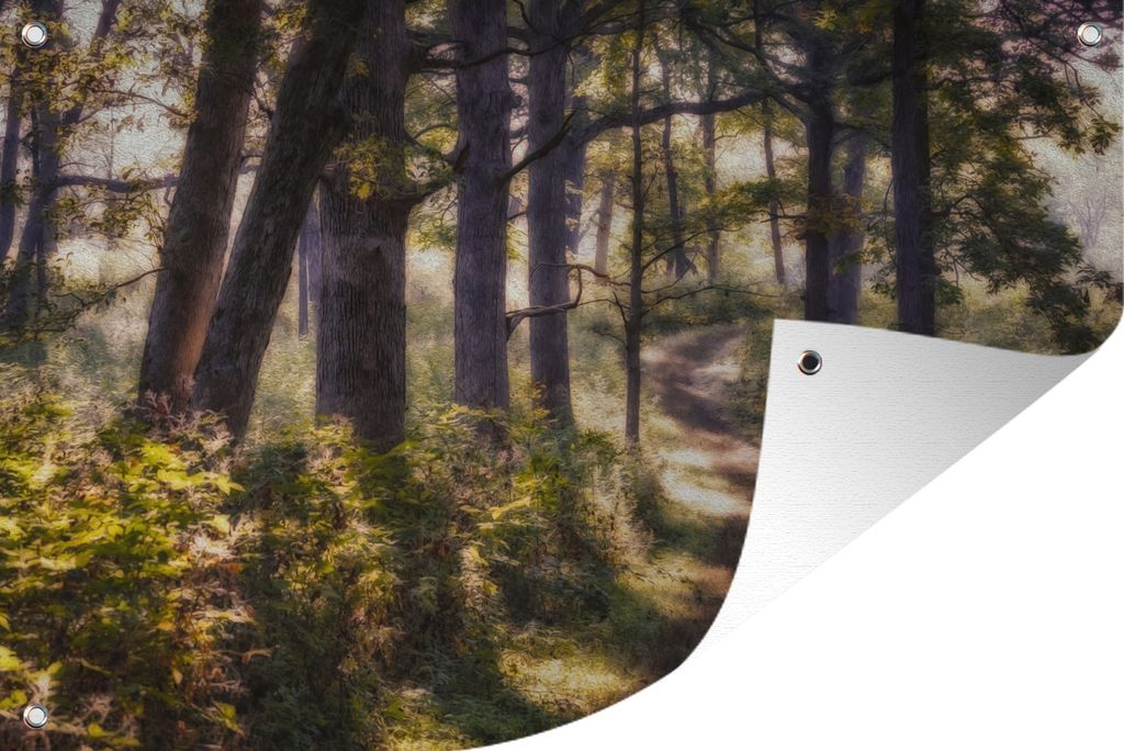 MuchoWow 60x40 cm Outdoor-Poster Gartendeko Sichtschutz Garten Poster für den Garten Ölgemälde eines Fußweges in einem Wald