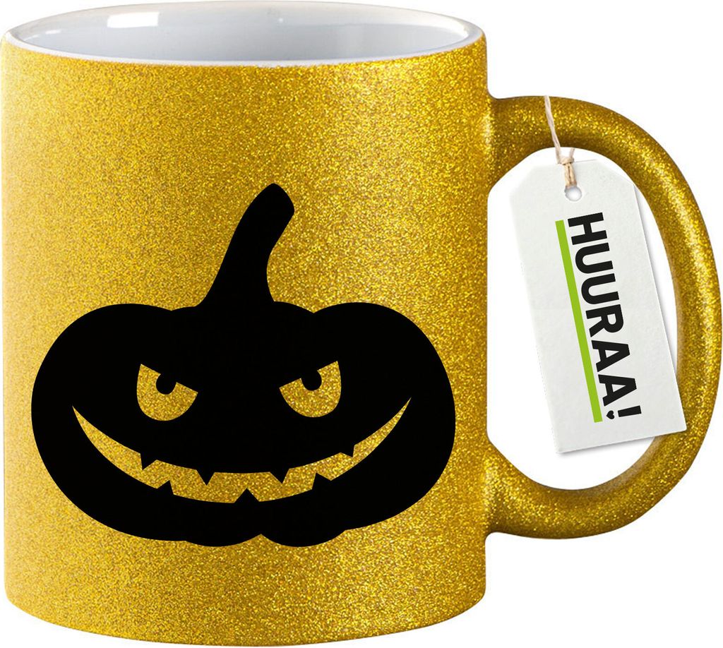 Huuraa Glitzertasse Halloween Kürbis Pumpkin 330ml Gold Keramik Kaffeebecher Geschenkidee