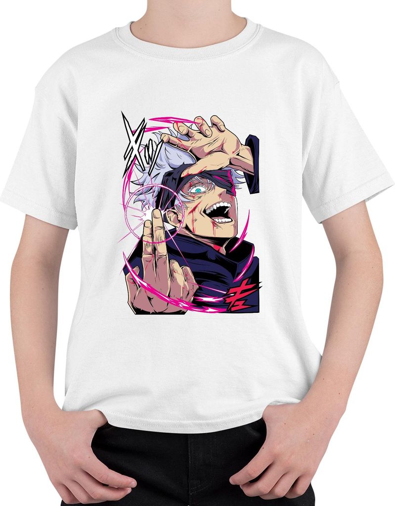 Jujutsu Kaisen Gojo weißes Haar Augenbinde Energiekreis Anime Uni Kinder T-Shirt, Weiß, 140