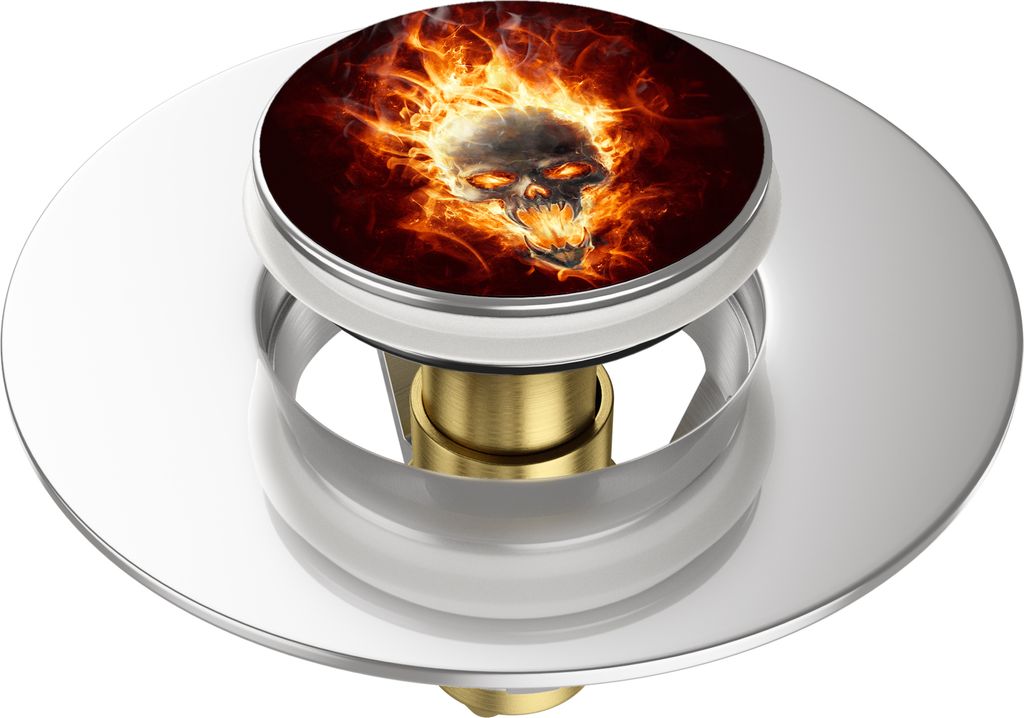 SANILO Pop-Up Waschbeckenstöpsel, universal Pop Up Abflussstopfen mit Motiv - Totenkopf in Flammen