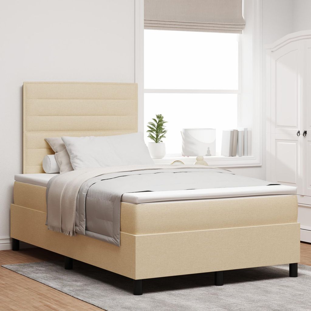 "2025"Modernen Polsterbett Boxspringbett mit Matratze & LED in Creme, 120 x 200 cm, Stoff - Bettrahmen - Klassische Betten Neu51585