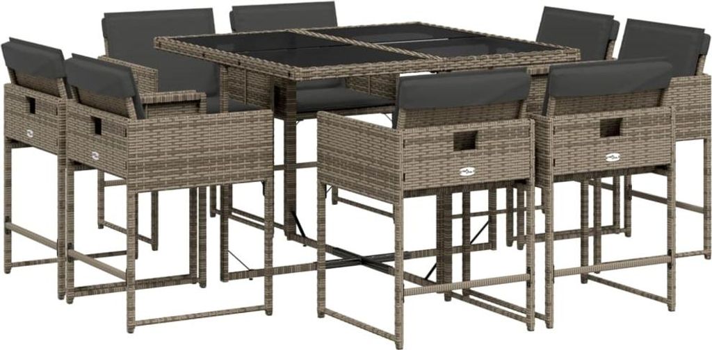 9-tlg. Garten-Essgruppe mit Kissen Grau Poly Rattan