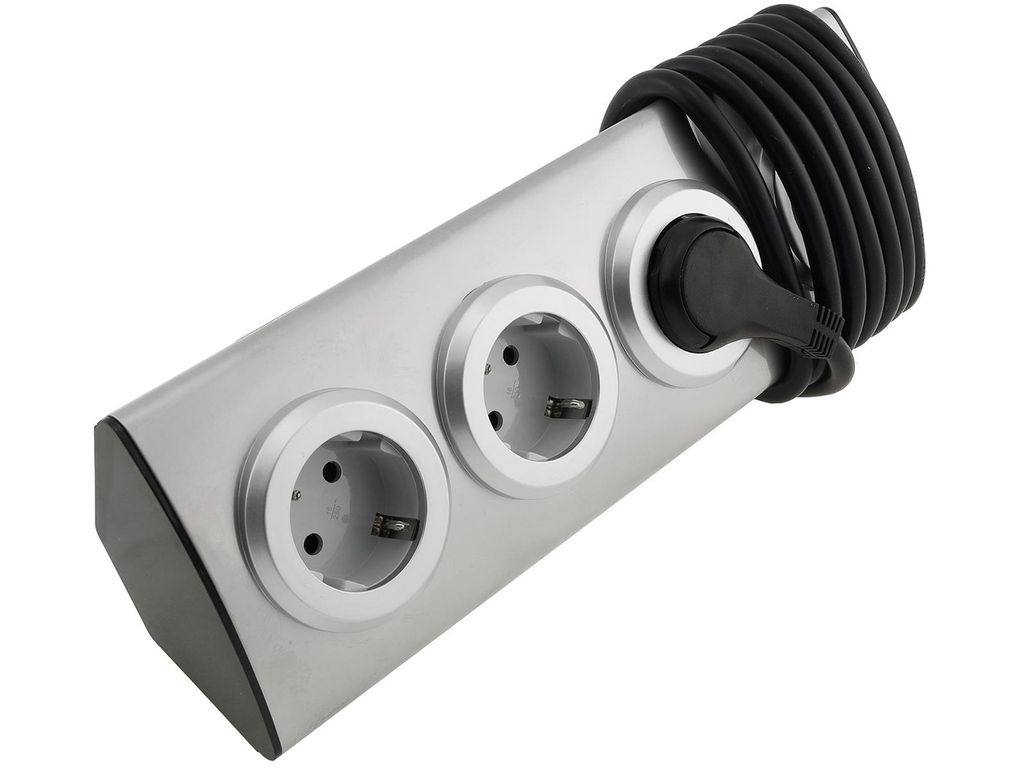 Tischsteckdose 4-fach Edelstahl Ecksteckdose mit 4x Schutzkontakt-Steckdosen 1,9m Kabel 230V 45° Winkel mit erhöhtem Berührungsschutz Silber