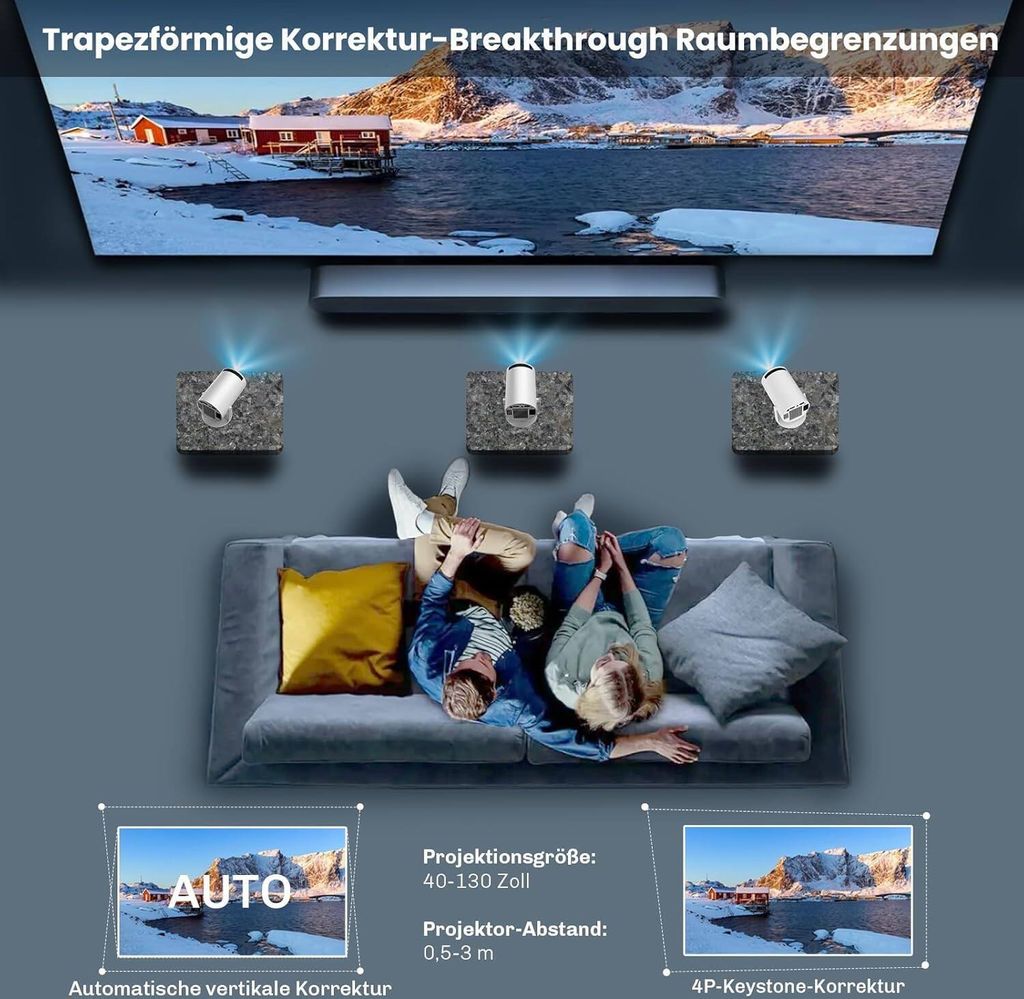 Mini Beamer 1080P Mit Android TV | 130 Zoll Bild, WiFi 6, Auto-Fokus | Tragbar Für Heimkino & Gaming