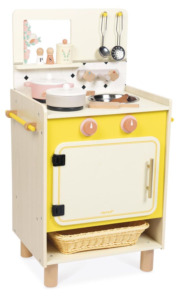 Janod Kinderküche aus Holz mit Backofen, Spüle und 11 Zubehörteilen, Spielzeug zum Nachahmen, ab 2 Jahre