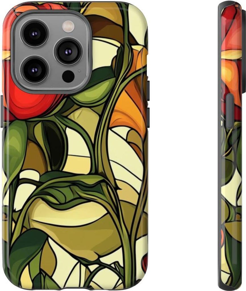 Rotes und orangefarbenes Jugendstil-Blumendesign – Hülle Kompatibel mit iPhone 14 Pro