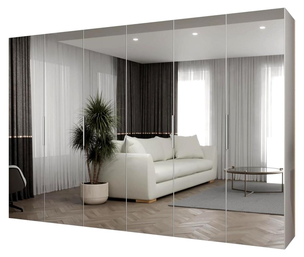 Kleiderschrank mit Spiegel - Drehtürenschrank - 300x202x52cm - Garderobenschrank für Schlafzimmer, Flur, Jugendzimmer - Farbe Weiß, Griff Kaschmir