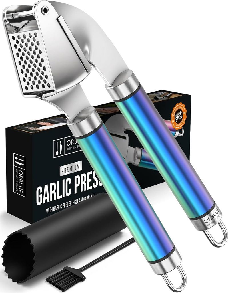 Professionelle Edelstahl Knoblauchpresse Fleischwolf und Brecher mit Knoblauchschäler und Schälset Spülmaschinenfest Premium Metall Mehrfarbig