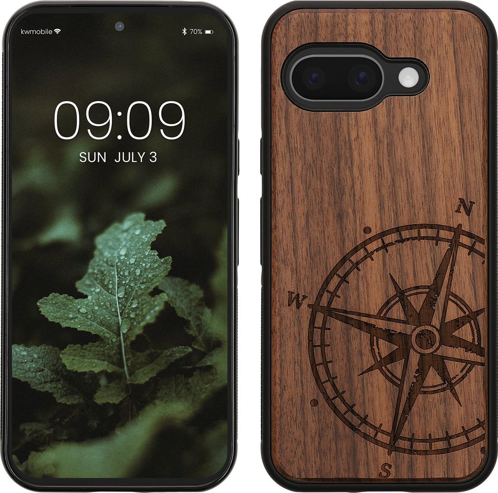 kwmobile Hülle kompatibel mit Google Pixel 9a Hülle - Holz Case - Handy Cover - TPU Handyhülle in Dunkelbraun Kompass Vintage