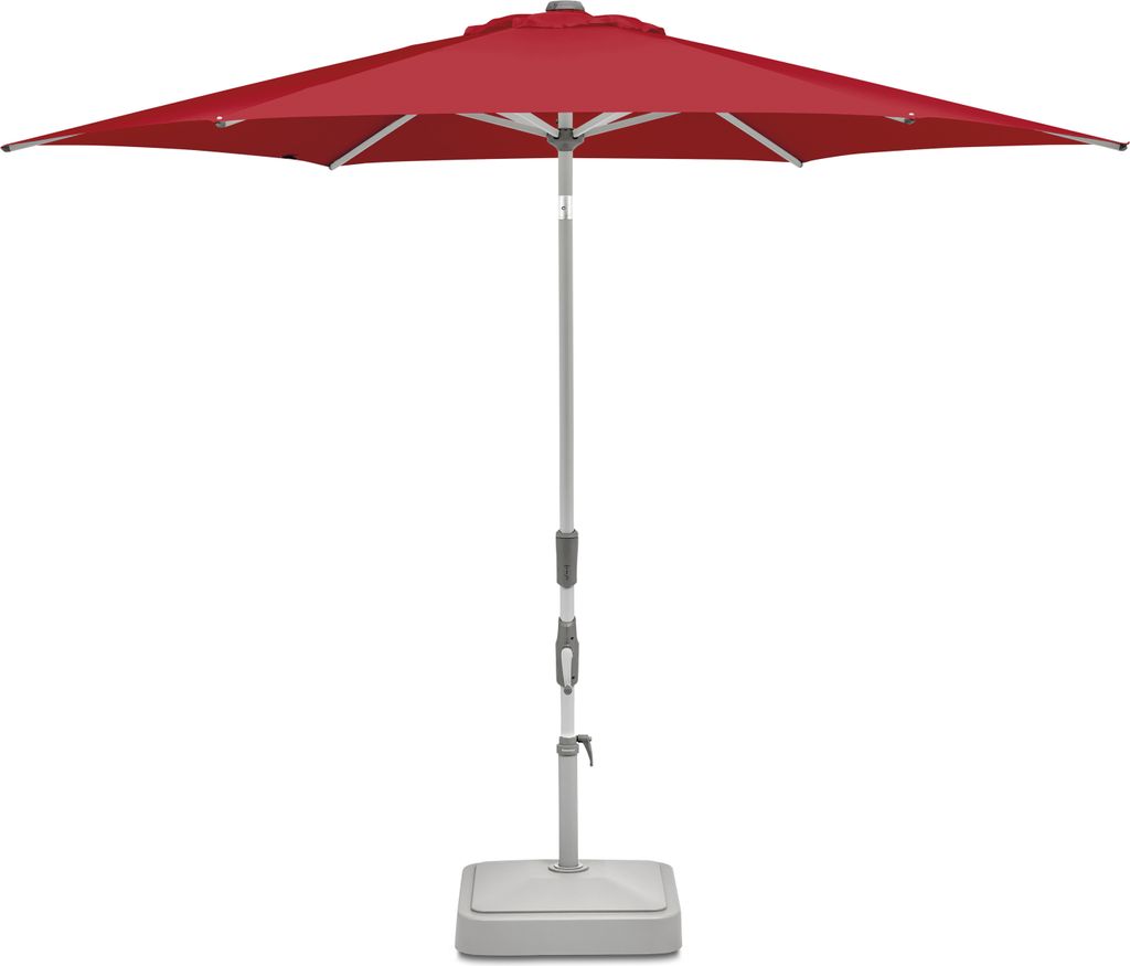 A red patio umbrella with a gray pole and base, isolated on a white background.