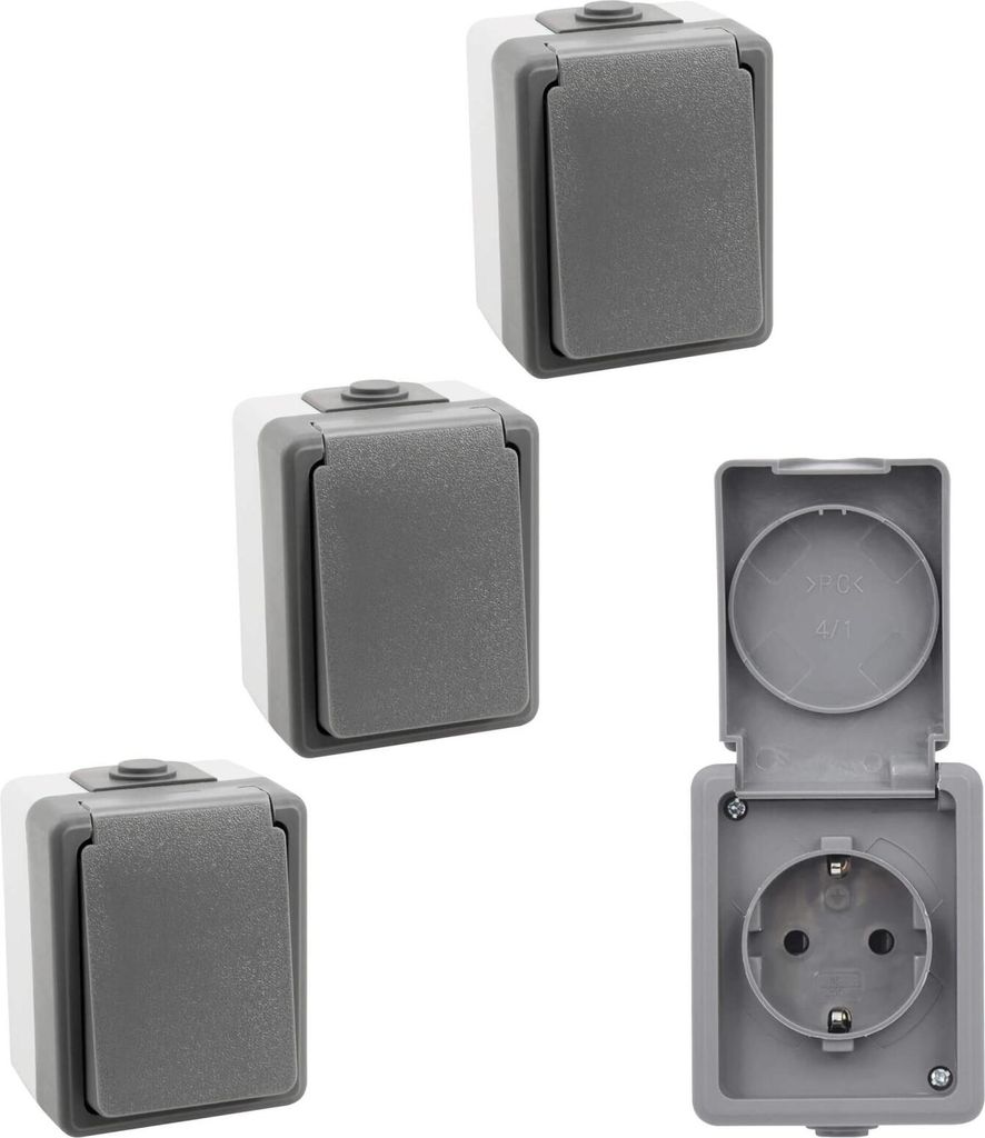 4er Set SECURE Feuchtraum Einzelsteckdose IP44 Aufputz Steckdose für Keller, Garage
