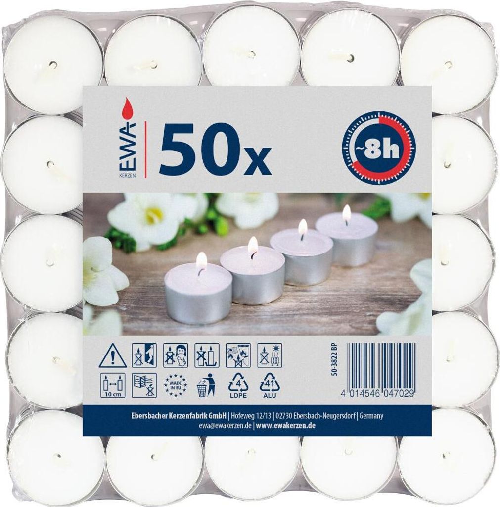 Teelichter 50er-Pack weiß 8 h Produktbild 