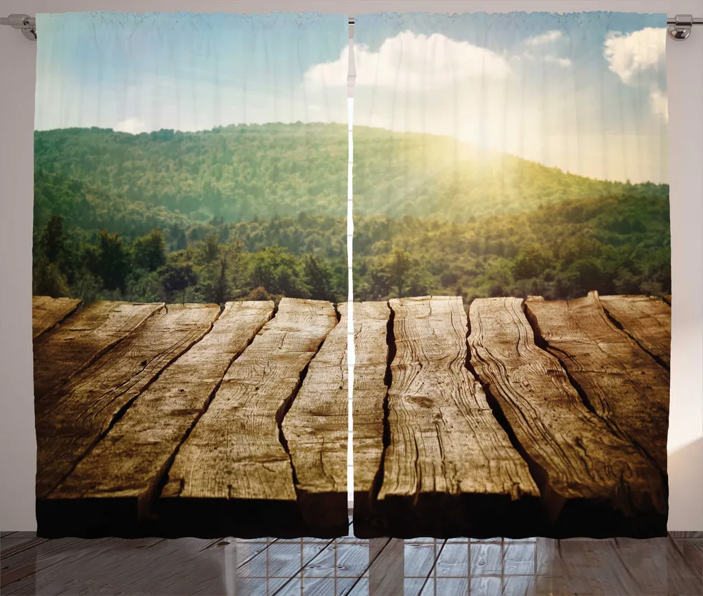 Rideau à Fronces pour Chambre Motif Nature Rustique, Marron et Vert 280x225