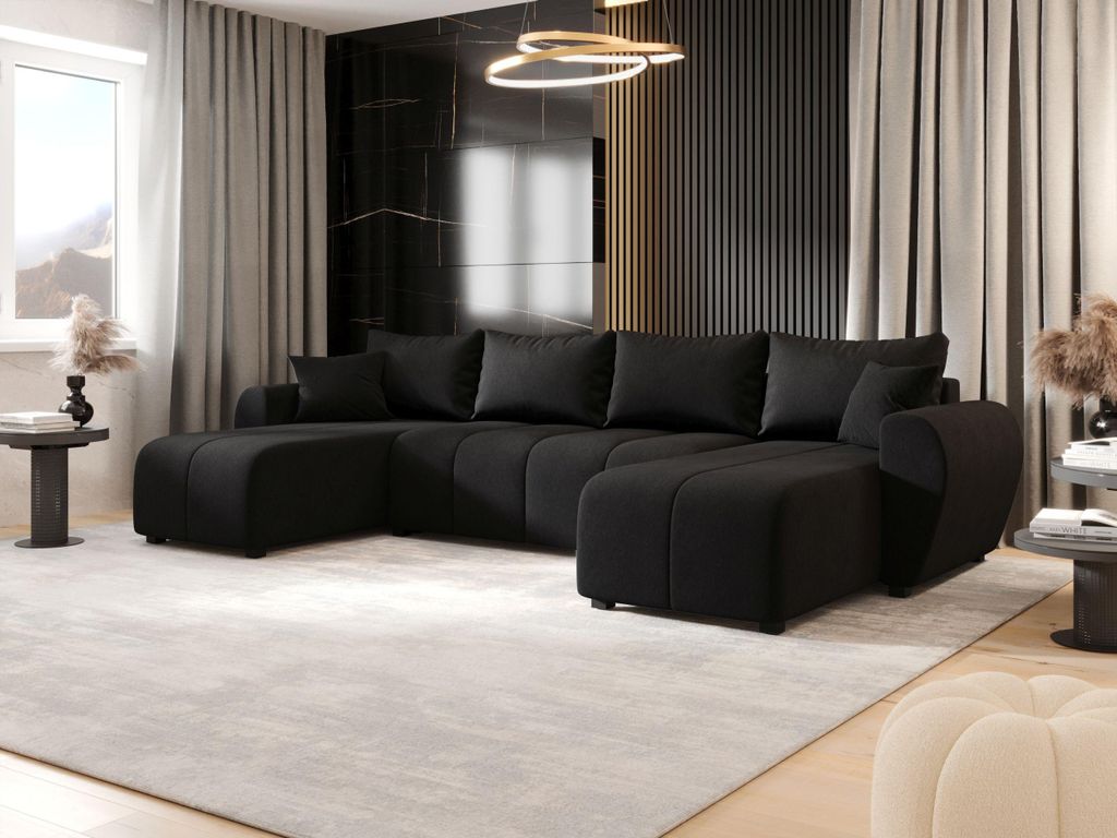 BEDANTE WOHNLANDSCHAFT MOLISA U Cosmic 100 Schwarz mit Schlaffunktion U-Form Sofa mit Stauraum Bettkasten Wohnzimmersofa Couch Sofa Bettsofa Bettka...