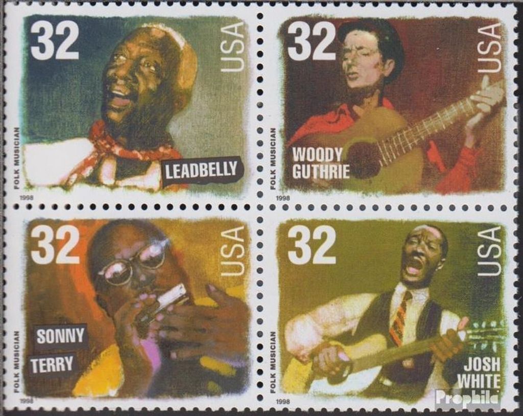 Briefmarken USA 1998 Mi 2979-2982 Viererblock (kompl.Ausg.) postfrisch Musikgeschichte - Folkmusiker