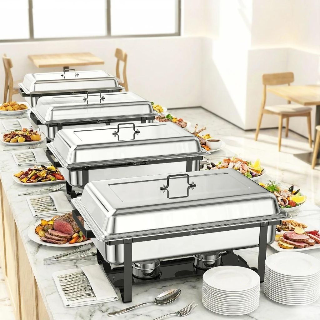 Chafing Dish Buffet-Set - Speisenwärmer - 4er-Pack - 10 l - Edelstahl - Vollformat-Pfanne - Silber