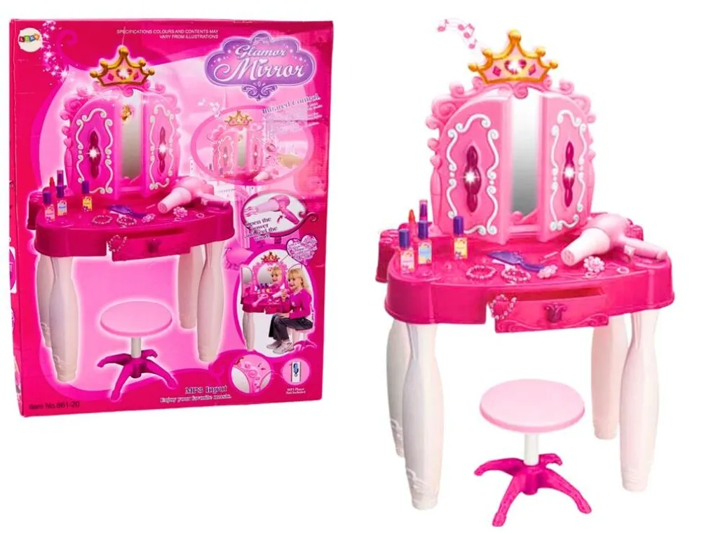Coiffeuse murale enfant Rose avec musique MP3 et kit de coiffure complet