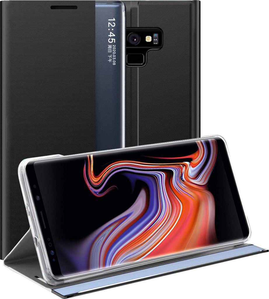 A black flip case for a Samsung Galaxy Note 9 is shown with the phone inside and the screen displaying a colorful abstract image. The case is partially open, revealing the phone and a transparent window on the front cover.