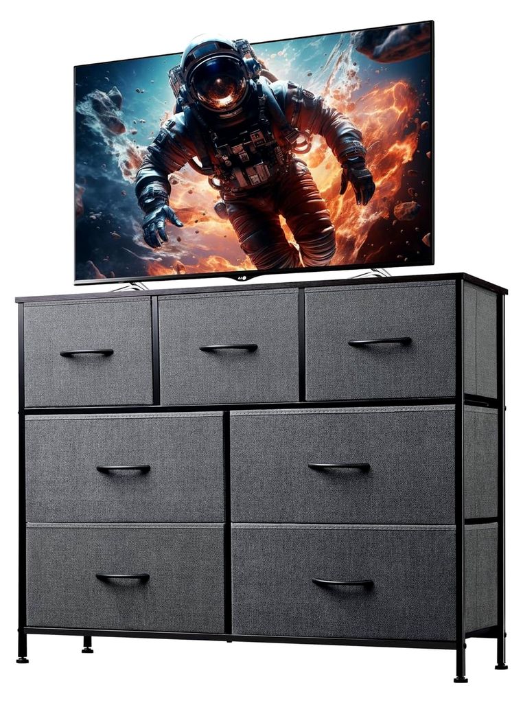 Kommode mit Stoffschubladen, Kommodenschrank für Schlafzimmer und Wohnzimmer, stabiler Stahlrahmen (Dunkelgrau, 7 Schubladen)