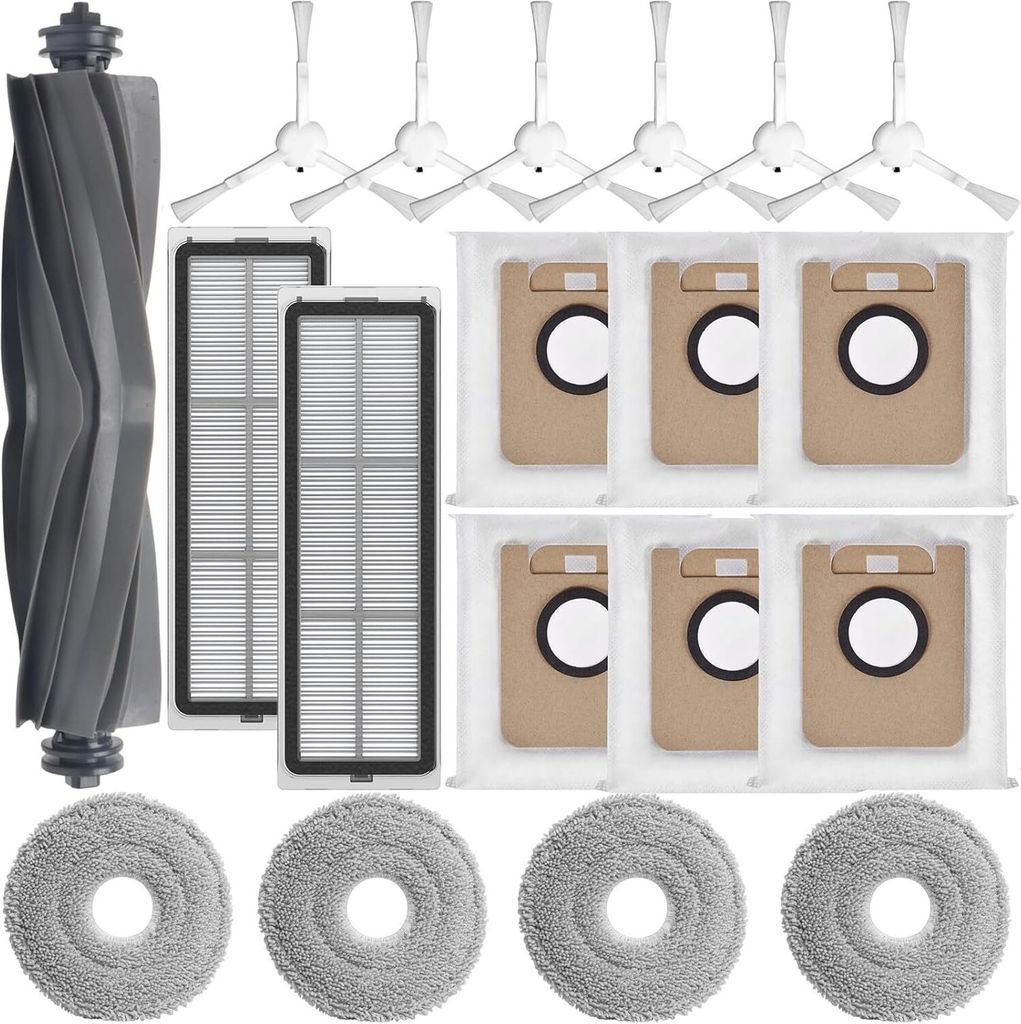 A collection of cleaning accessories for a robot vacuum cleaner, including a roller brush, filters, dust bags, and mop pads, arranged on a white background.
