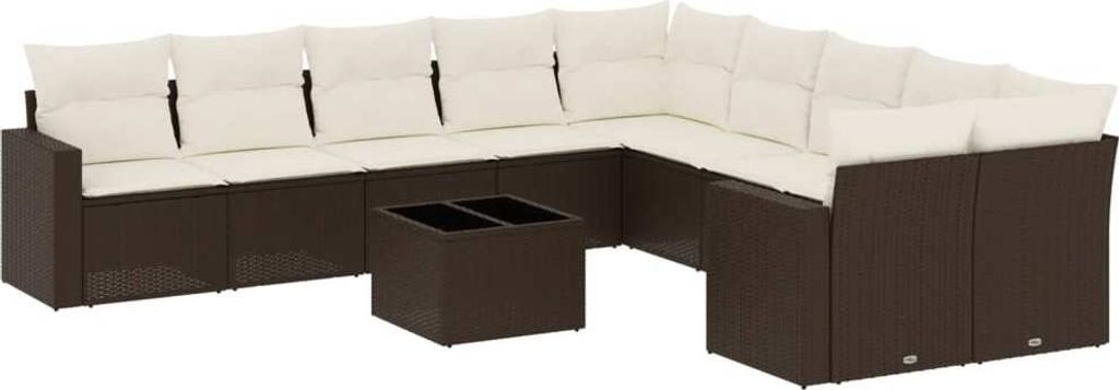 vidaXL 11-tlg. Garten-Sofagarnitur mit Kissen Braun Poly Rattan