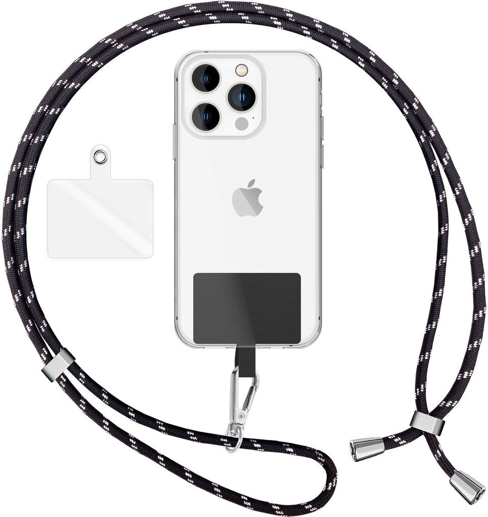NALIA Universal Lanyard mit 2 Pads & Karabinerhaken - 160cm Handykette zum Umhängen - Schwarz Silber