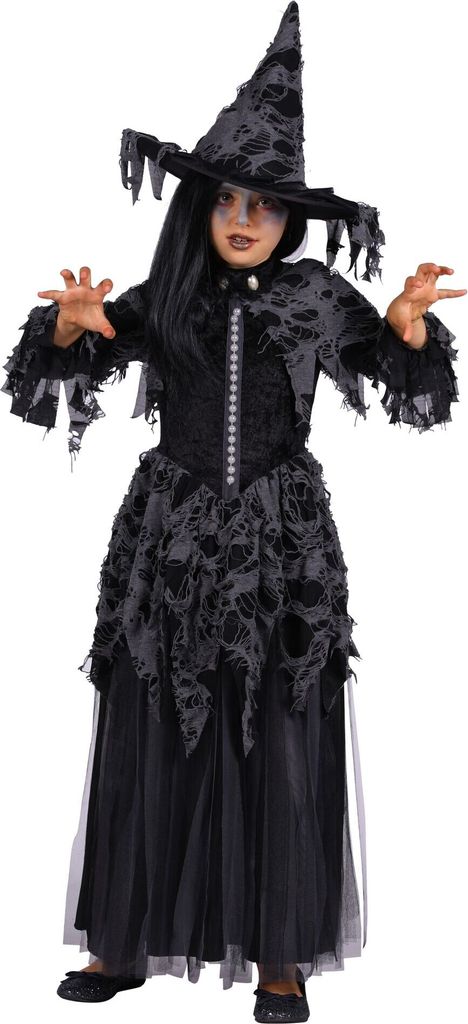 T3055-116-128 schwarz Kinder Mädchen Hexen Kostüm mit Hut "Der Tot" Gr.116-128