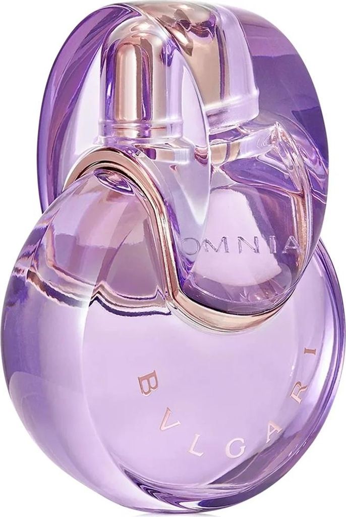 A close-up studio shot of a Bvlgari Omnia Amethyste Eau de Toilette perfume bottle.